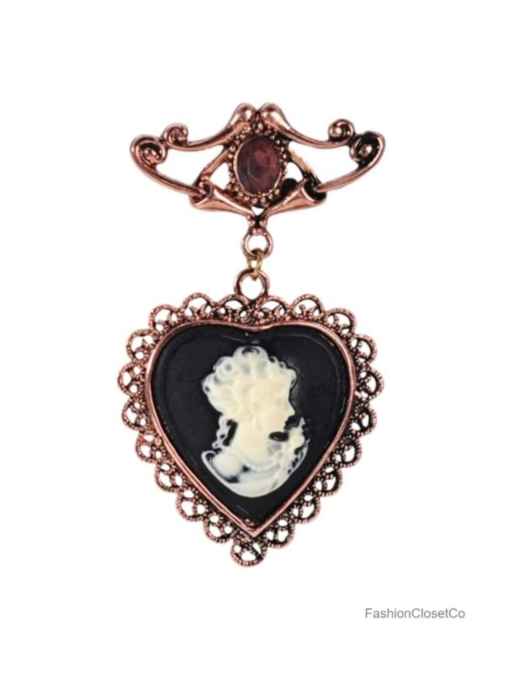 Victorian Heart Cameo Dangle Brooch Pin Copper Toned Alloy Vintage